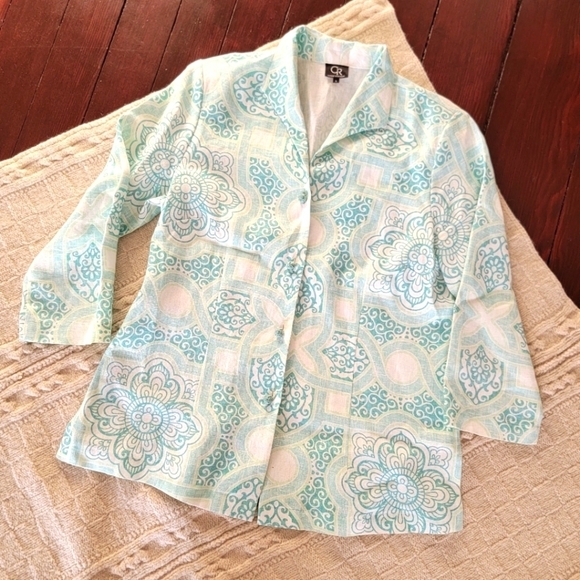 Connie Roberson Ronette Linen Blouse Jacket size S/M Green Blue Floral Print - Picture 1 of 10